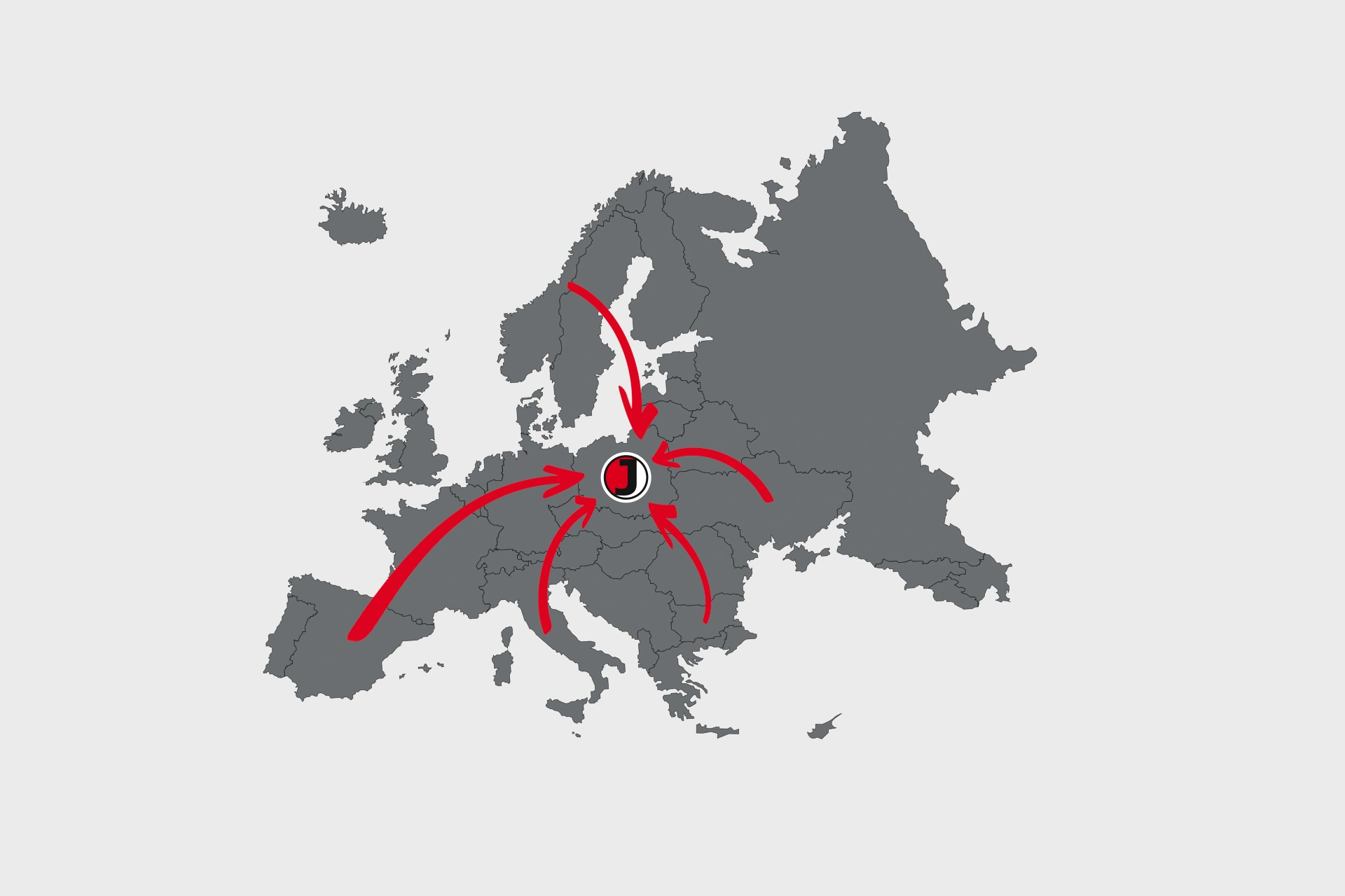 Mapa Europy z kierunkami do Polski zilustrowanymi w materiałach Grupy JAR-POL